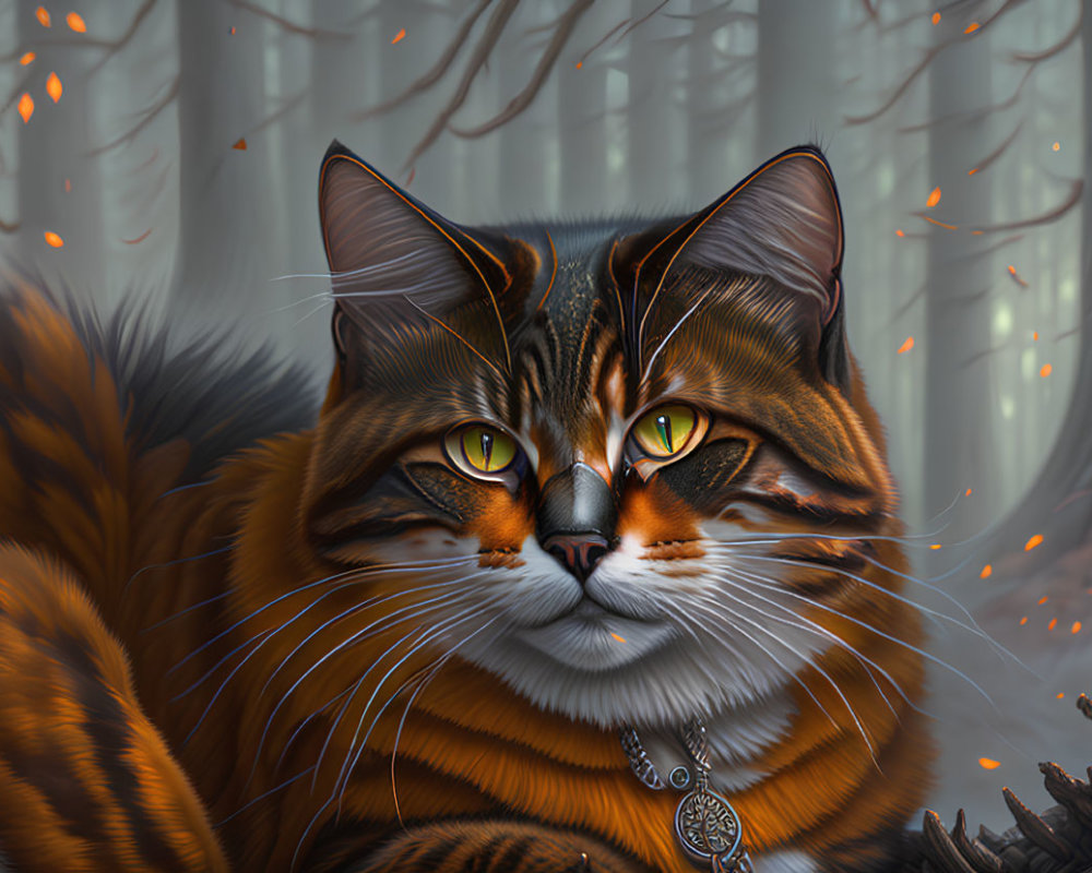 Detailed digital artwork: Orange-brown striped cat with green eyes in mystical forest