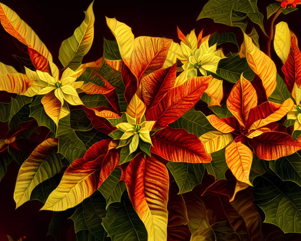 Colorful poinsettias in red and yellow against dark backdrop