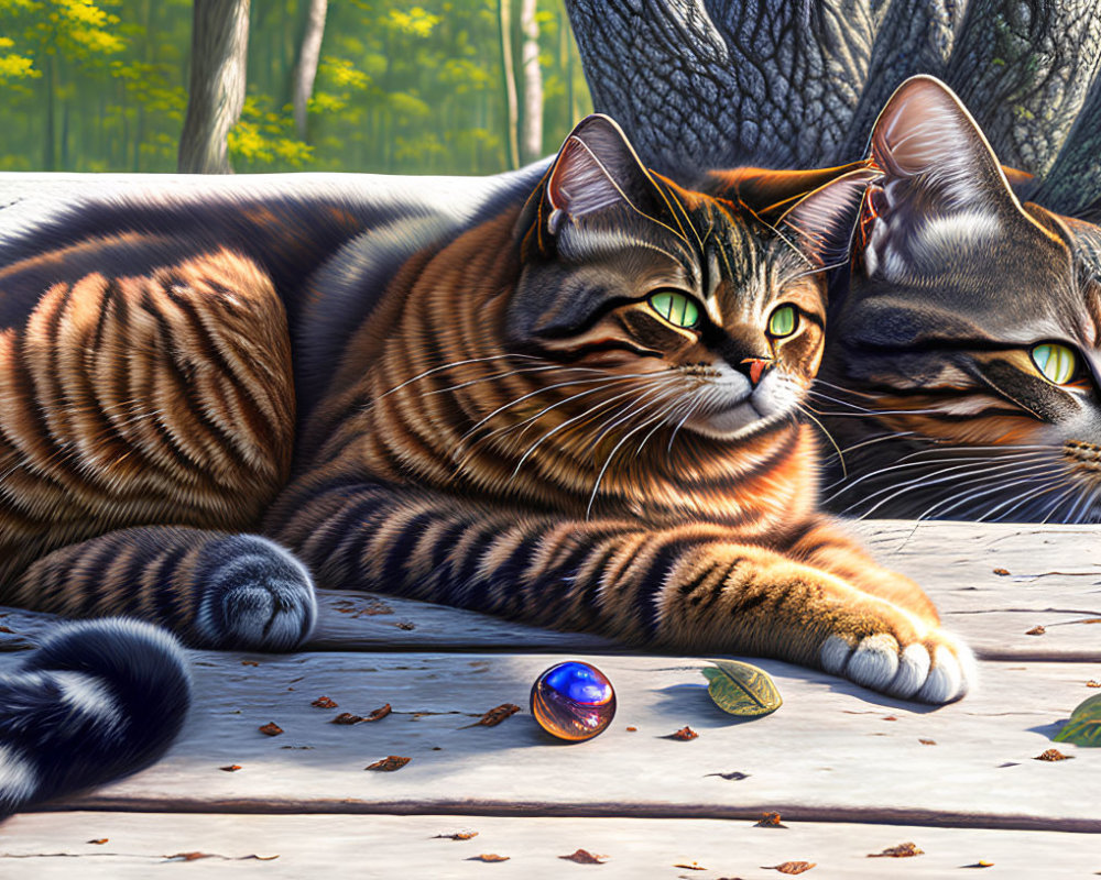 Realistic tabby cats on wooden surface with marble and fallen leaves in dappled sunlight