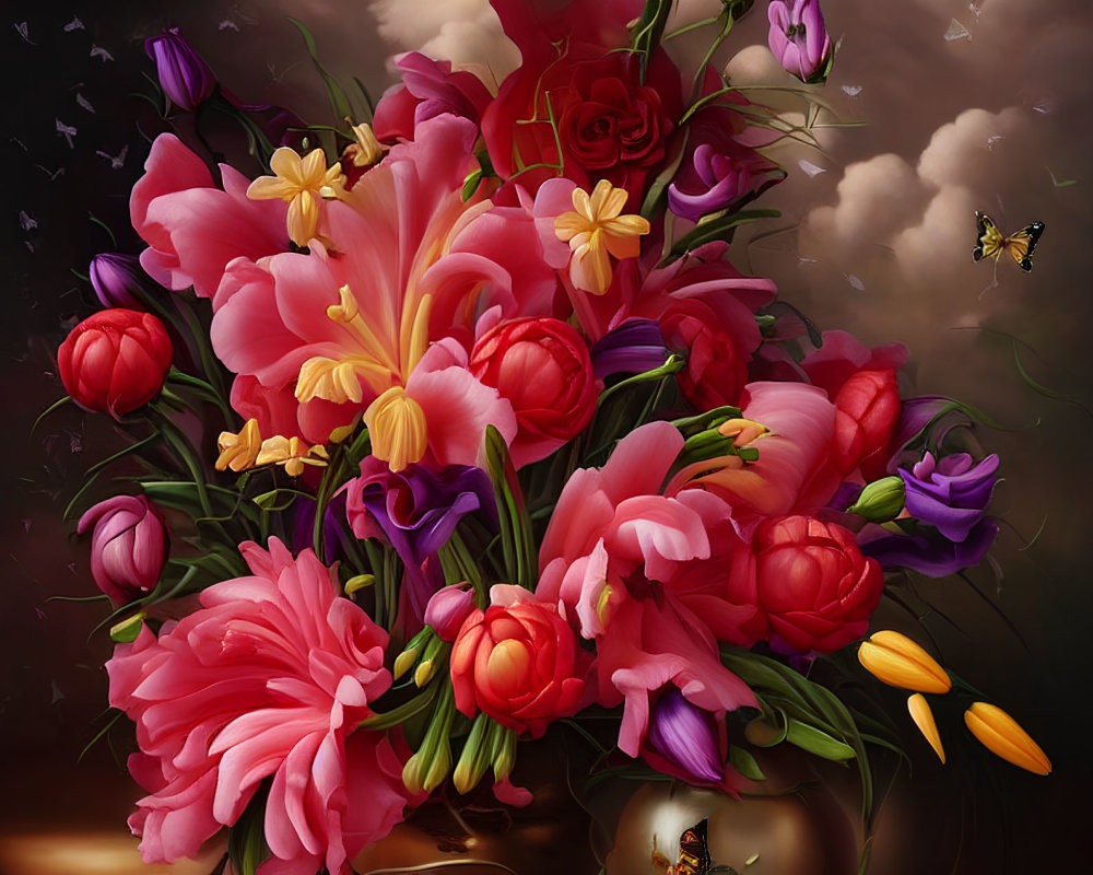 Colorful floral arrangement with pink roses, tulips, and daisies on cloudy background.