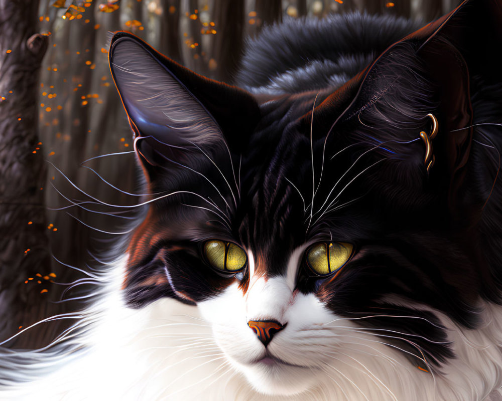 Detailed Close-Up Digital Art of Fluffy Black and White Cat with Green Eyes and Glowing Orange Part