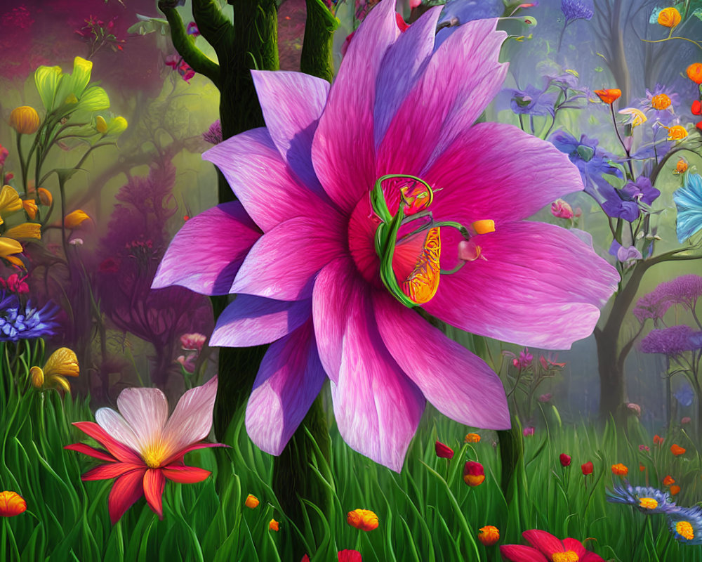 Colorful digital artwork of enchanted forest with large pink flower in foreground