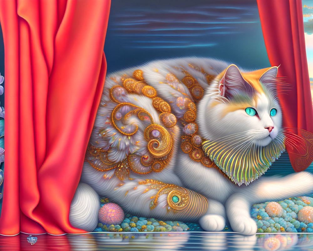 Colorful digital artwork of white and orange cat with golden patterns, set against red curtains and surreal landscape
