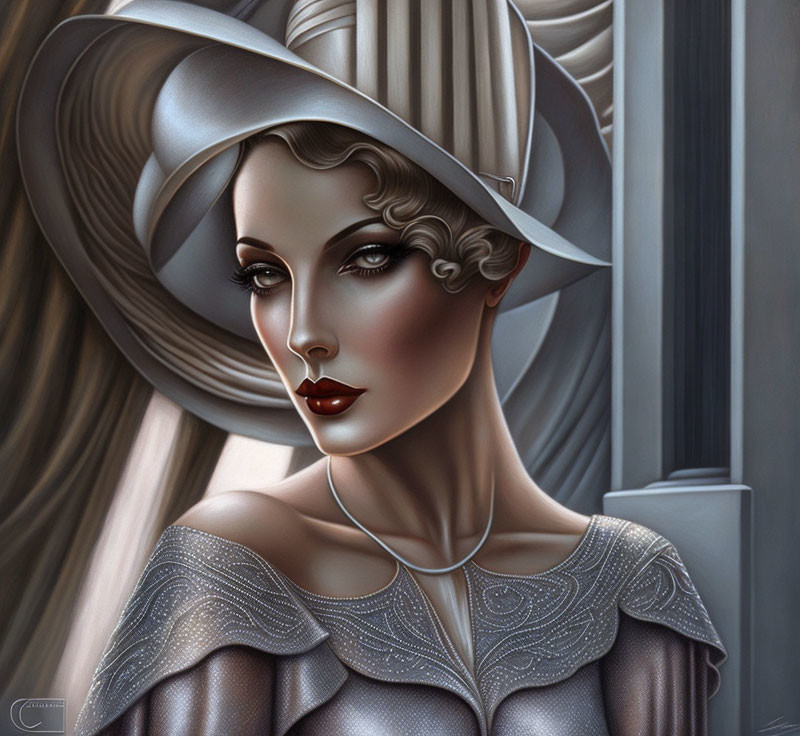 Vintage Style Woman Portrait with Elegant Hat and Dress