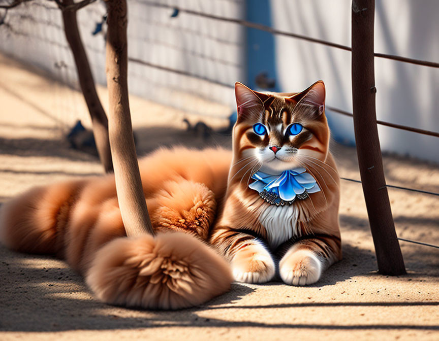 Orange and White Cat with Blue Eyes and Ribbon Collar Resting by Fence