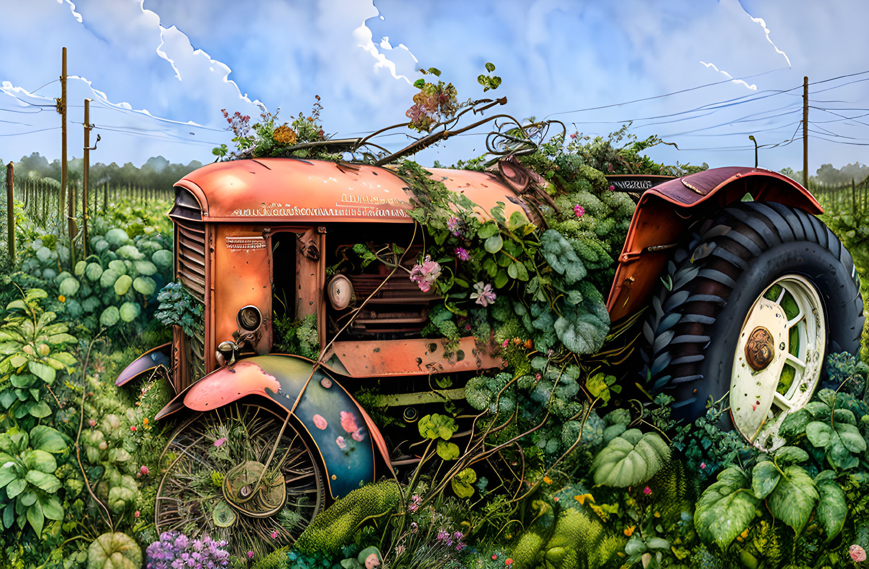 Rusty tractor covered in vines in lush field with power lines.