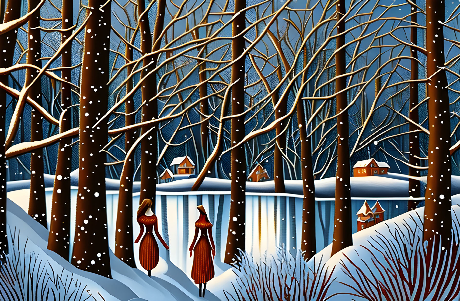 Snowy night landscape with figures in red cloaks and bare trees