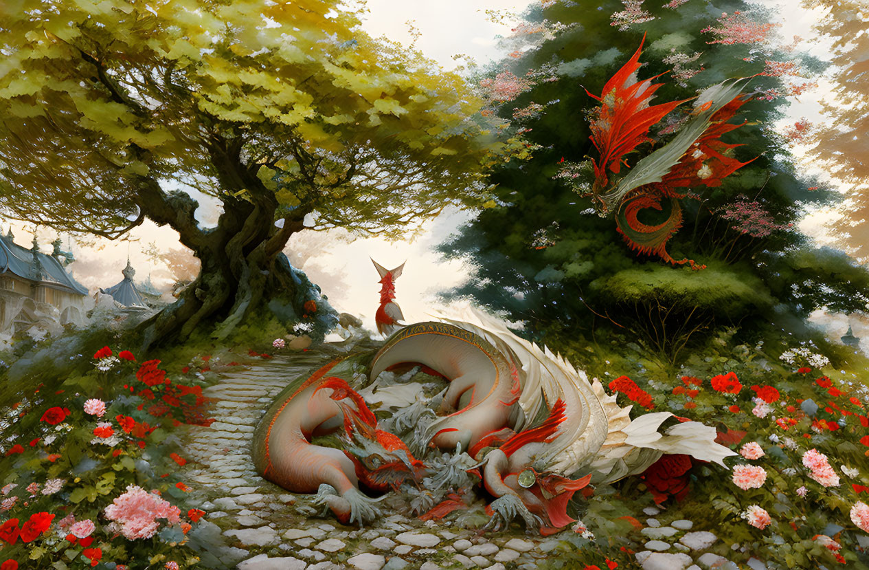 Mystical garden scene with giant dragons and blooming trees