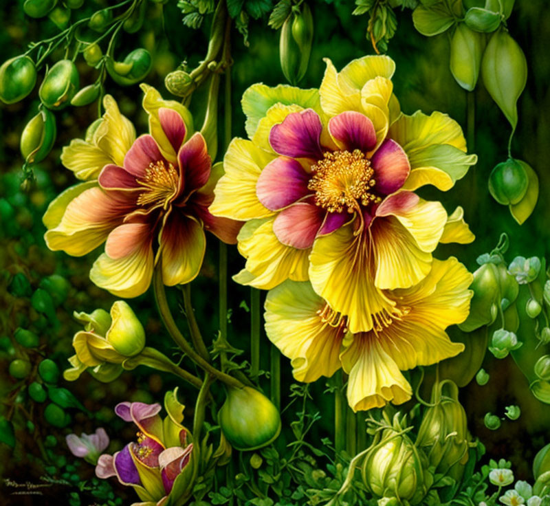 Colorful Yellow and Burgundy Flowers with Prominent Stamens and Green Leaves