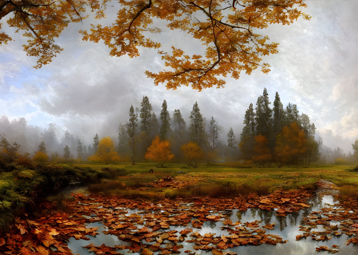 Serene autumn pond with vibrant foliage and hazy sky