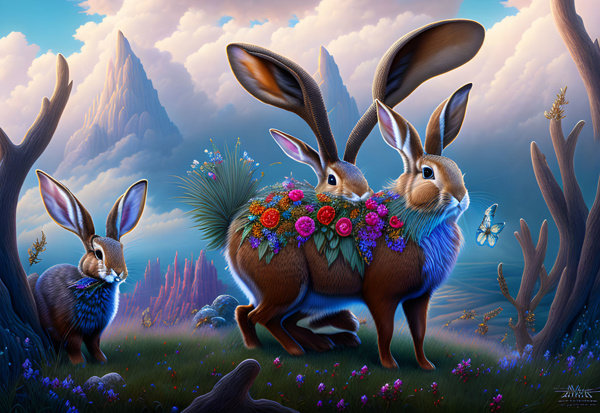 Colorful Flowers on Stylized Rabbits in Vibrant Fantasy Landscape