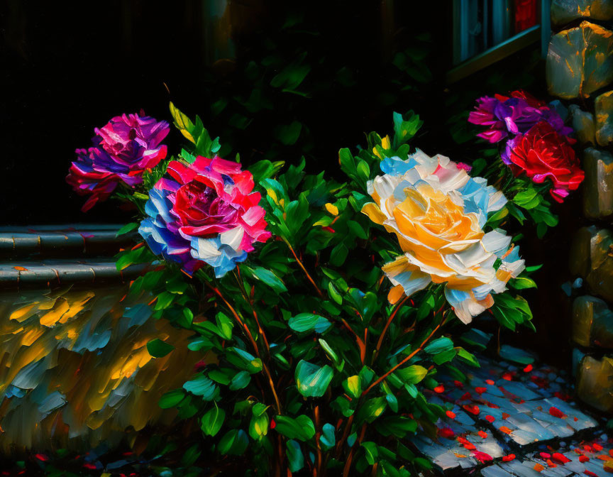 Colorful roses bloom along cobblestone path against dark backdrop