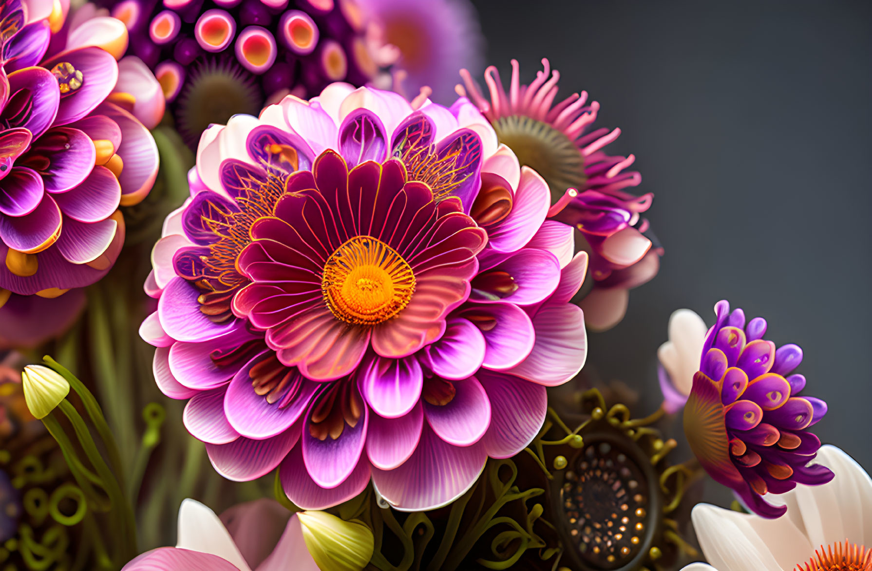 Colorful stylized flower bouquet with intricate purple and pink petals on dark backdrop