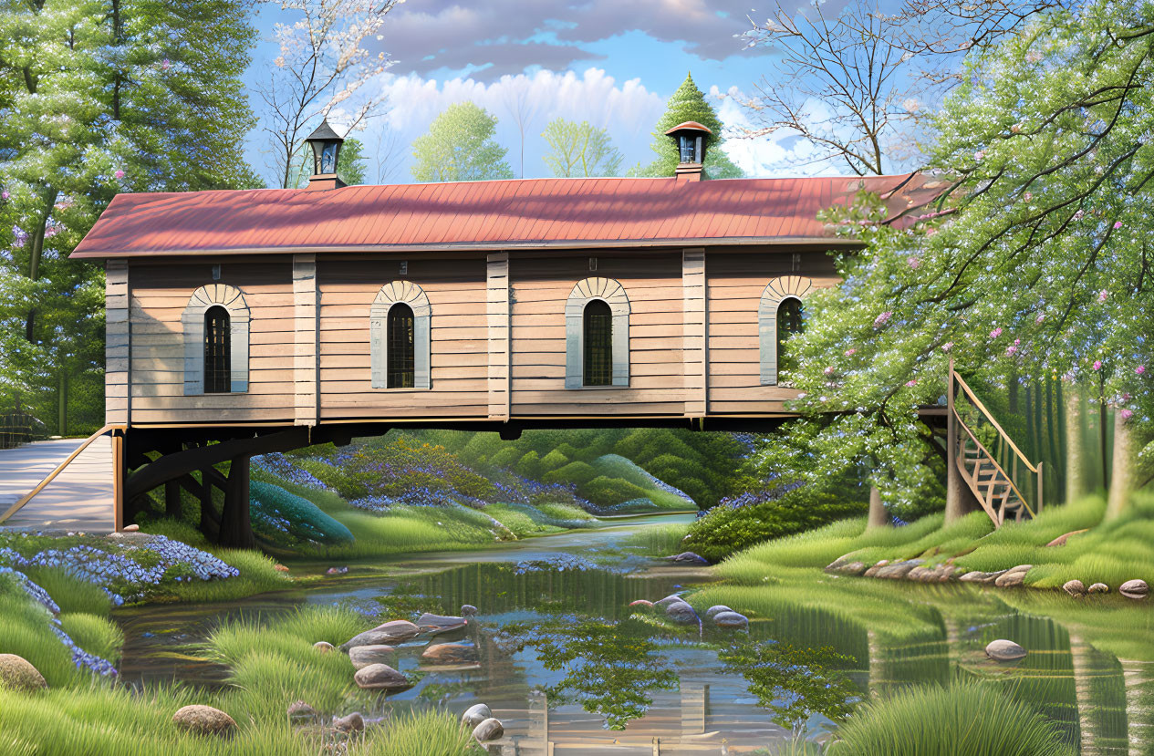 Wooden covered bridge over serene stream in lush greenery and blooming flowers