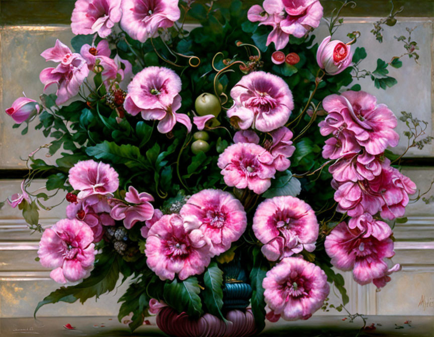Vibrant pink flower bouquet in dark vase on moody background