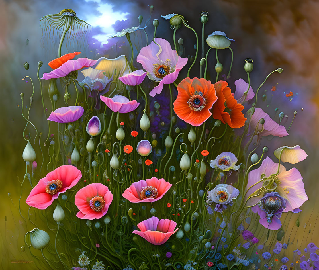 Colorful digital art featuring blooming poppies and flowers on a mystical backdrop