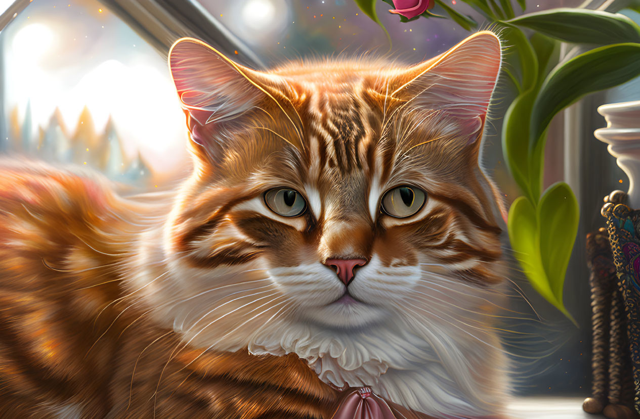 Detailed illustration of orange tabby cat with green eyes near houseplants at sunset