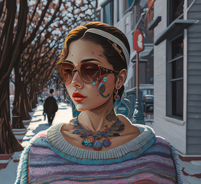 Tattooed woman in sunglasses on snowy street with colorful attire and paint splatters