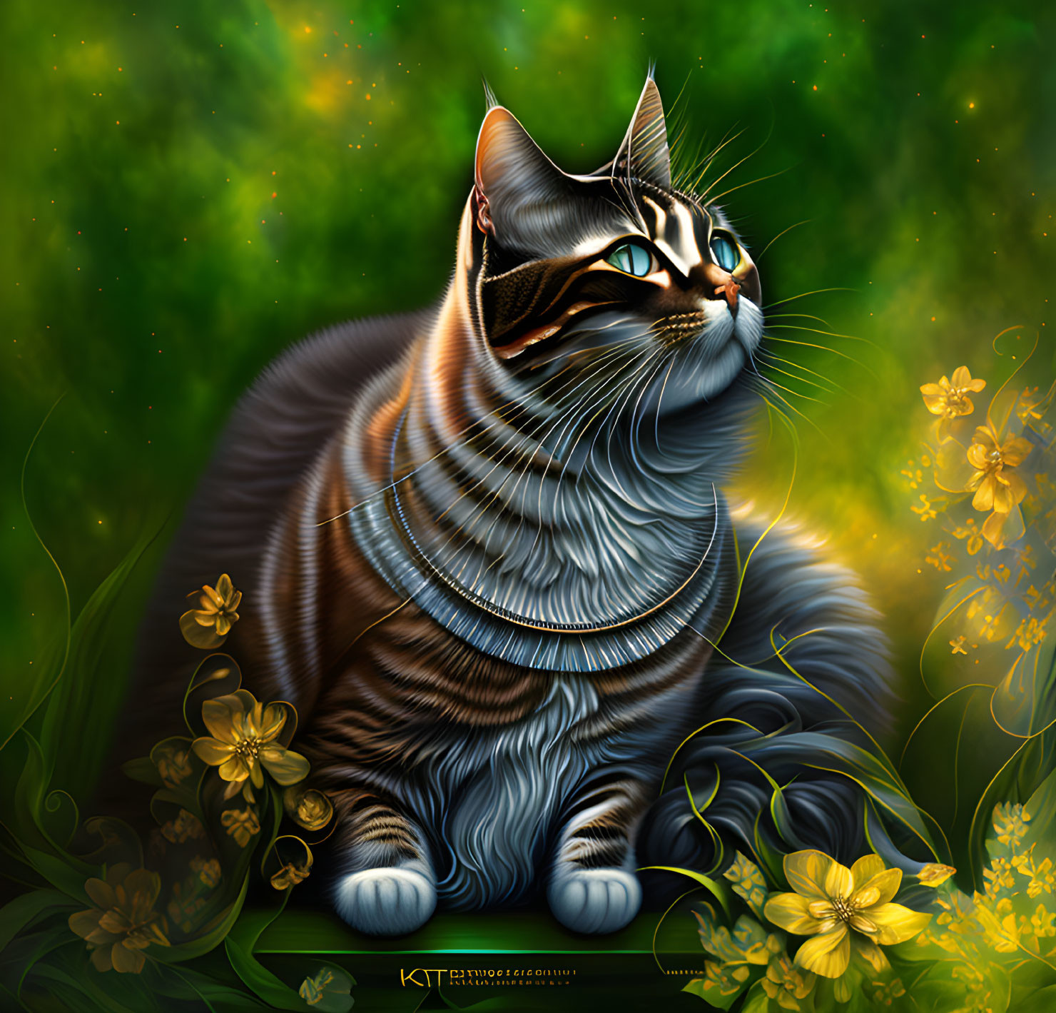 Tabby cat with green eyes in lush floral setting and shimmering aura