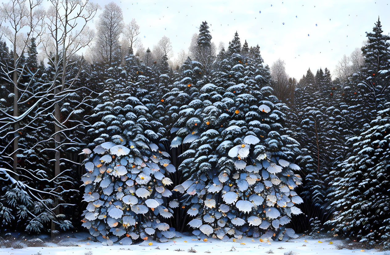 Winter forest scene with snow-covered fir trees, light snowfall, colorful leaves, and cloudy sky