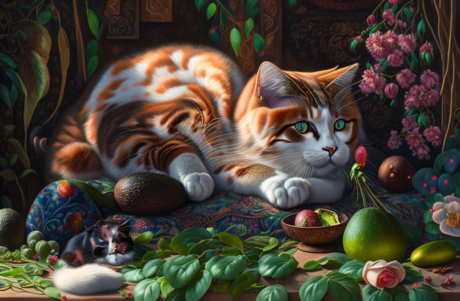 Colorful painting of orange and white cat with lush flora and fruits.