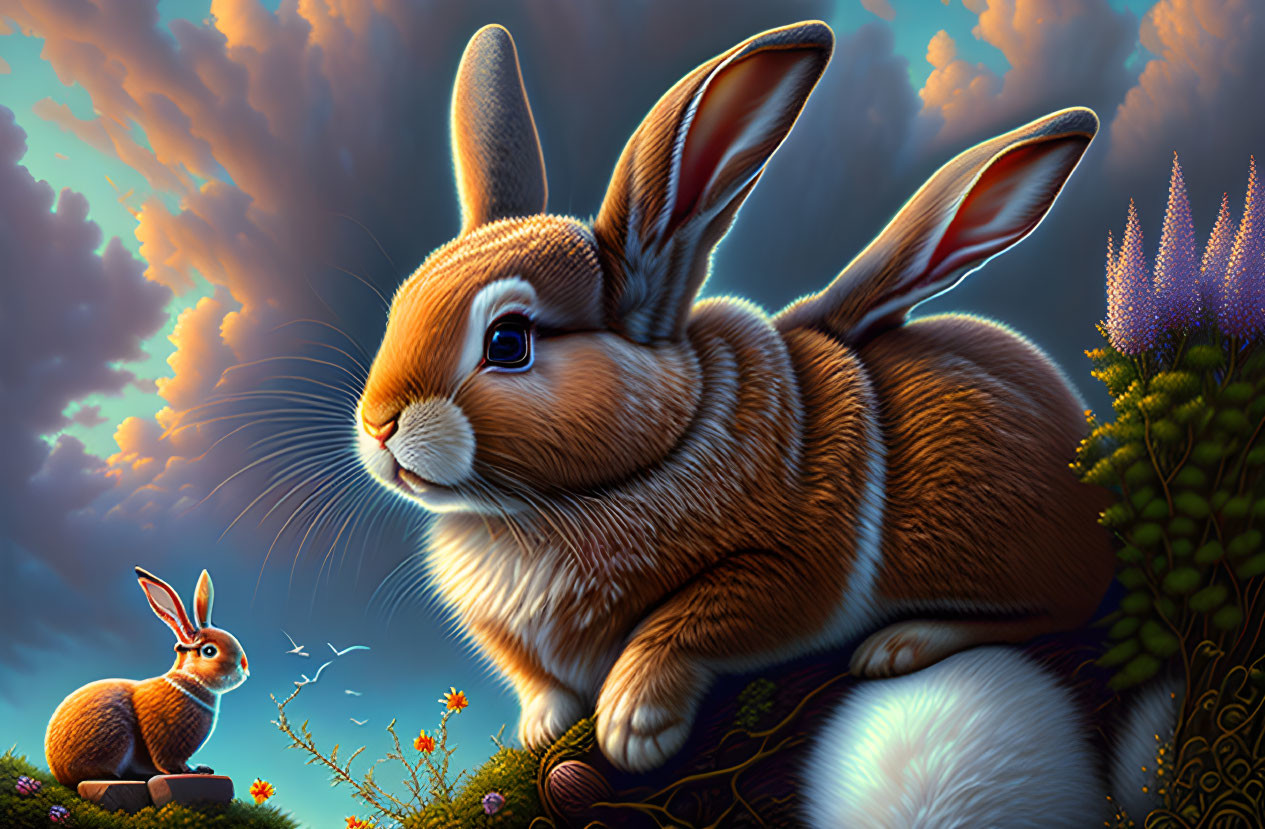 Detailed illustration of two rabbits in lush foliage under dramatic sky