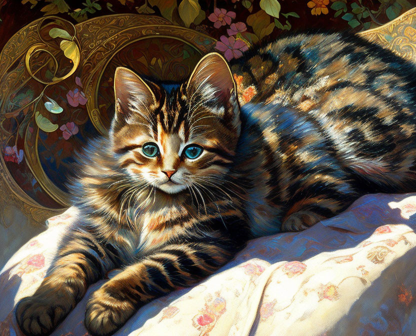 Blue-eyed striped kitten lounging in vibrant floral setting.