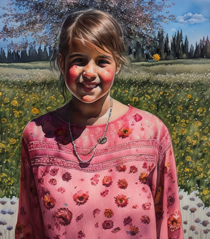Young girl in pink sweater surrounded by daisies in sunny field