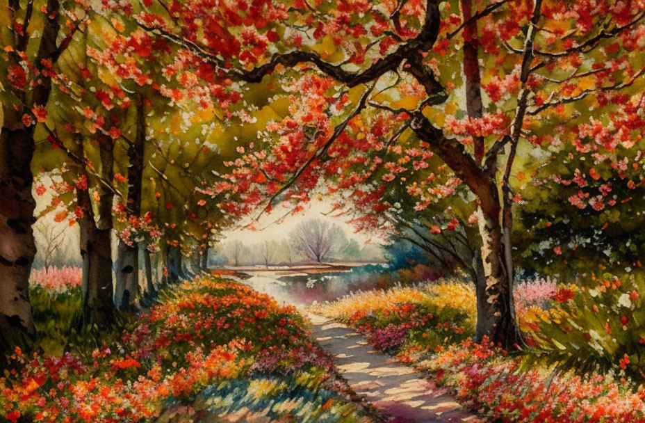 Vibrant watercolor painting: flower-lined path, autumn trees, tranquil river