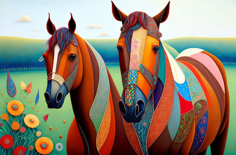 Colorful Patchwork Horses in Whimsical Landscape