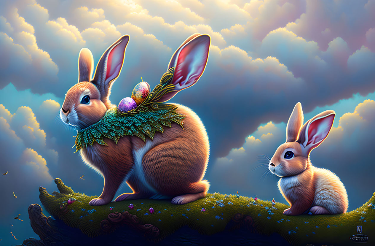 Surreal rabbits on mossy hillock with colorful eggs basket