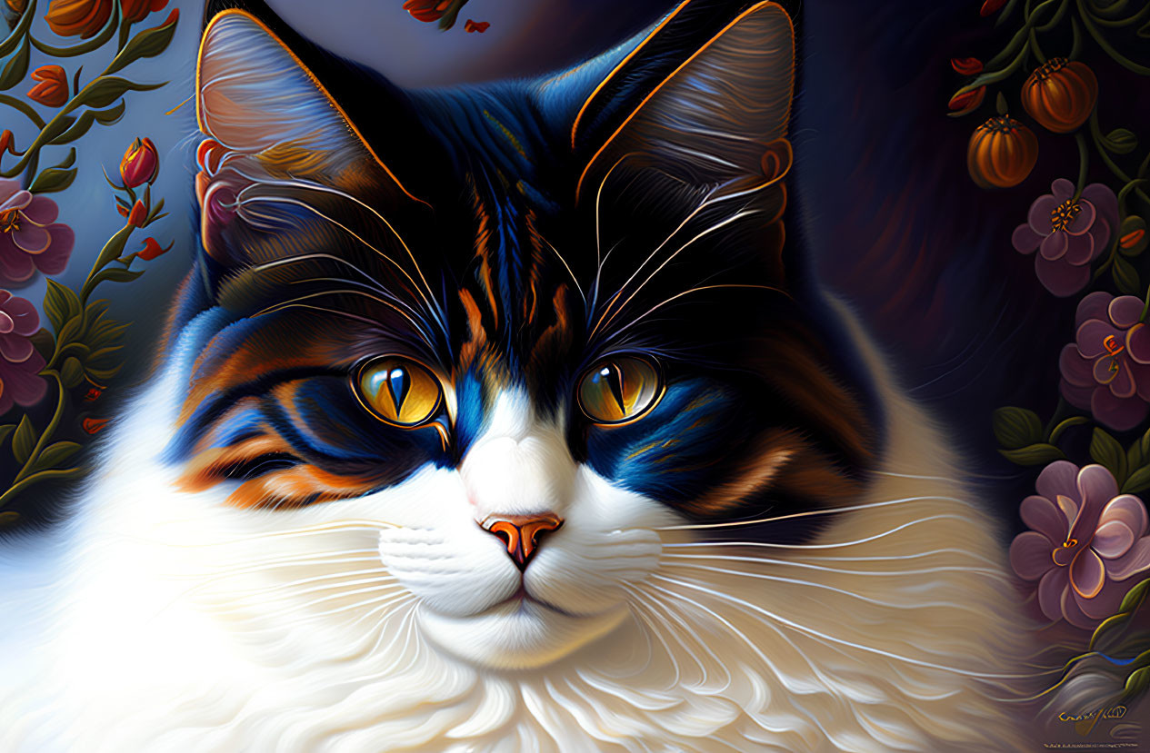 Colorful Calico Cat Digital Painting with Blue Eyes and Flowers