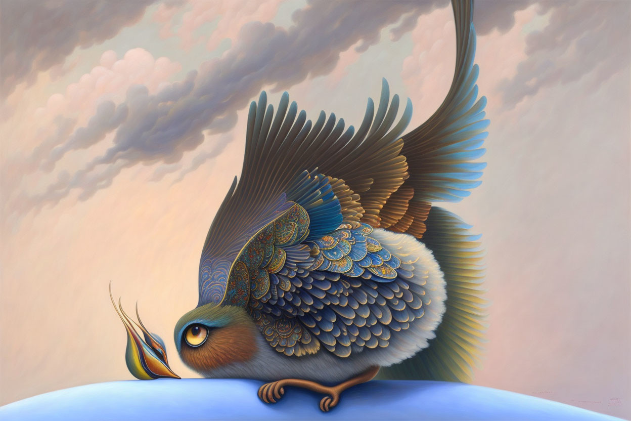 Illustration of bird-bodied creature with mammal face and intricate feathers perched under cloudy sky