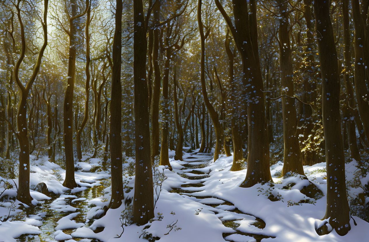 Winter forest scene: fresh snow, sunlight through branches, snowy path.