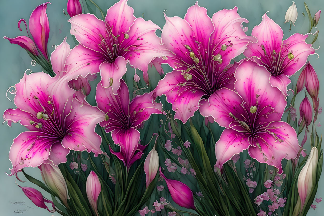 Colorful digital illustration of pink lilies with stamens, green foliage, and buds on teal