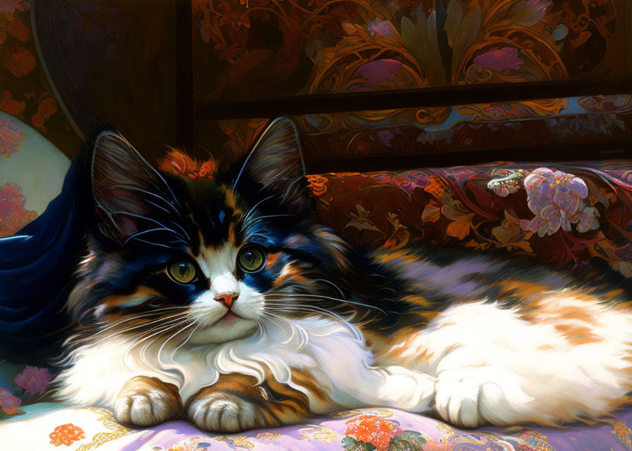 Fluffy calico cat with bright eyes on ornate couch