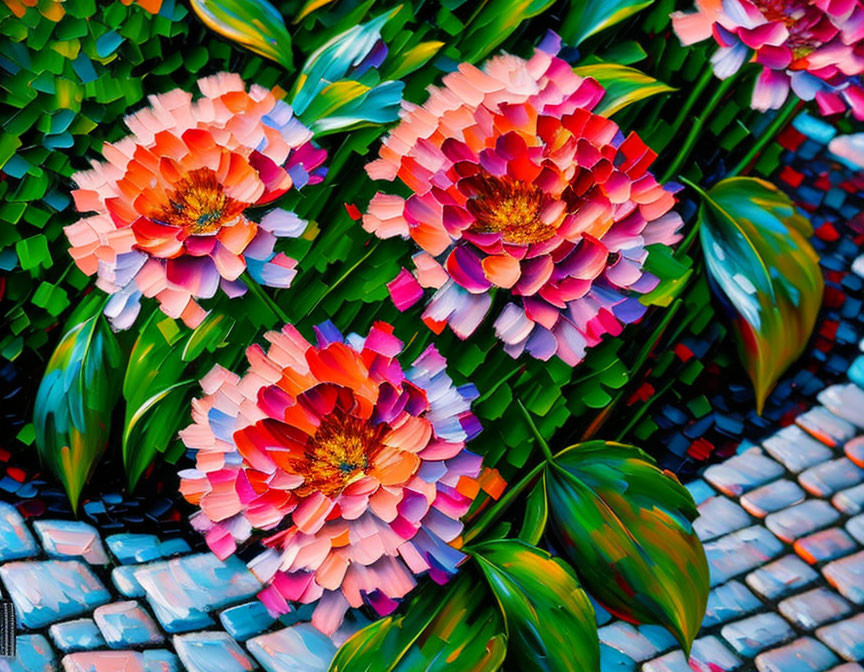 Colorful Pixelated Flower Art on Mosaic Background