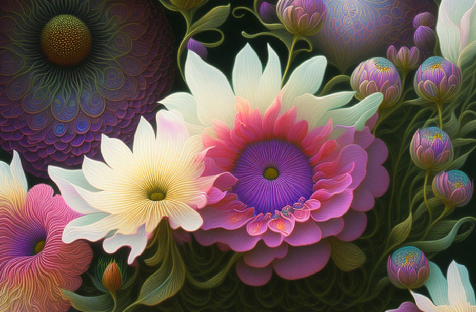 Colorful Floral Artwork with Surreal Patterns and Rich Blended Colors