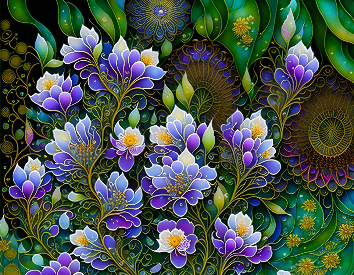 Detailed Purple and White Flowers Digital Art with Gold Accents