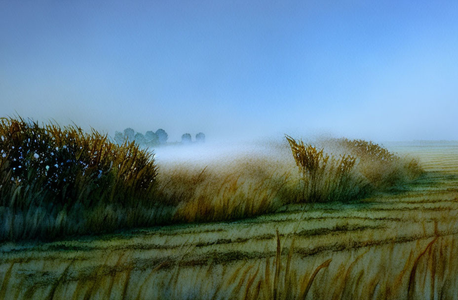 Tranquil watercolor landscape of misty field and distant trees