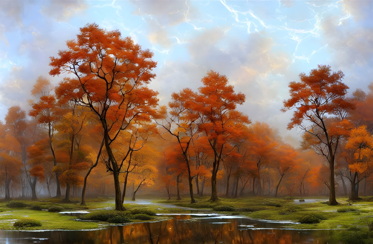 Vibrant autumn forest with orange foliage, dramatic sky, lightning, and serene water stream