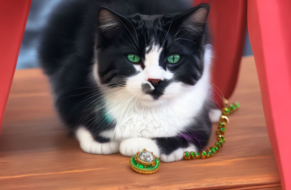 Black and white cat with green eyes playing under red chair with green beads and jeweled piece