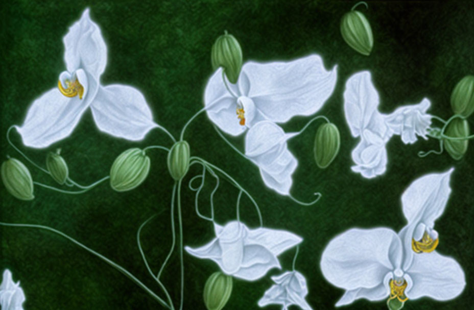 White orchids and green buds on dark background showcasing delicate texture