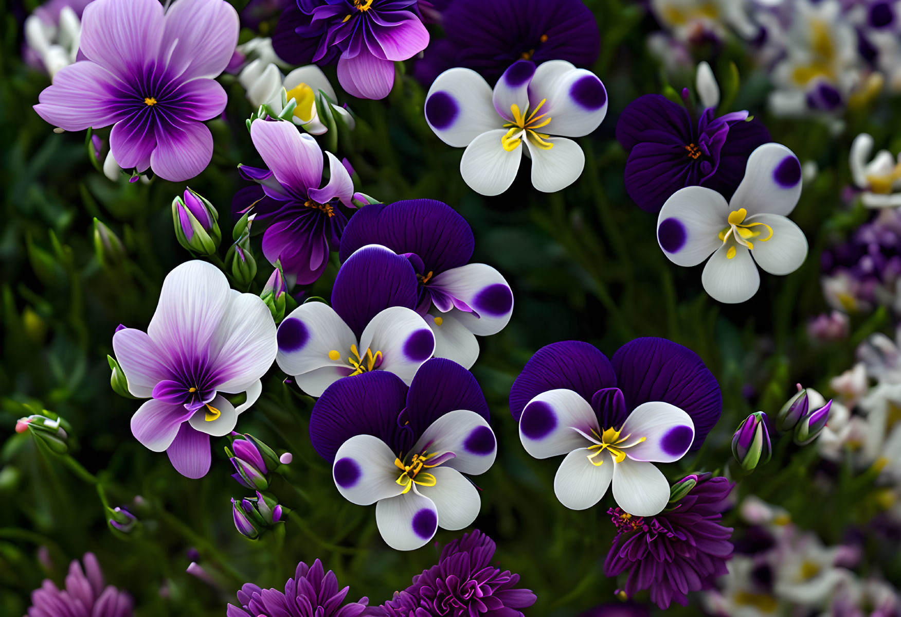 Colorful Pansies in Purple, White, and Yellow Amid Green Foliage
