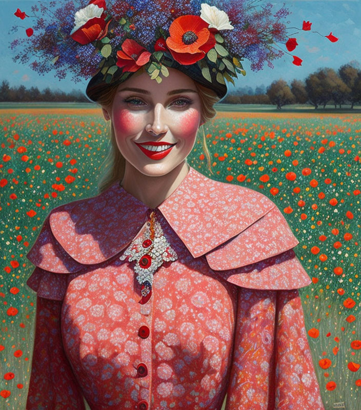 Smiling woman in flower wreath in poppy field with red dress and cape