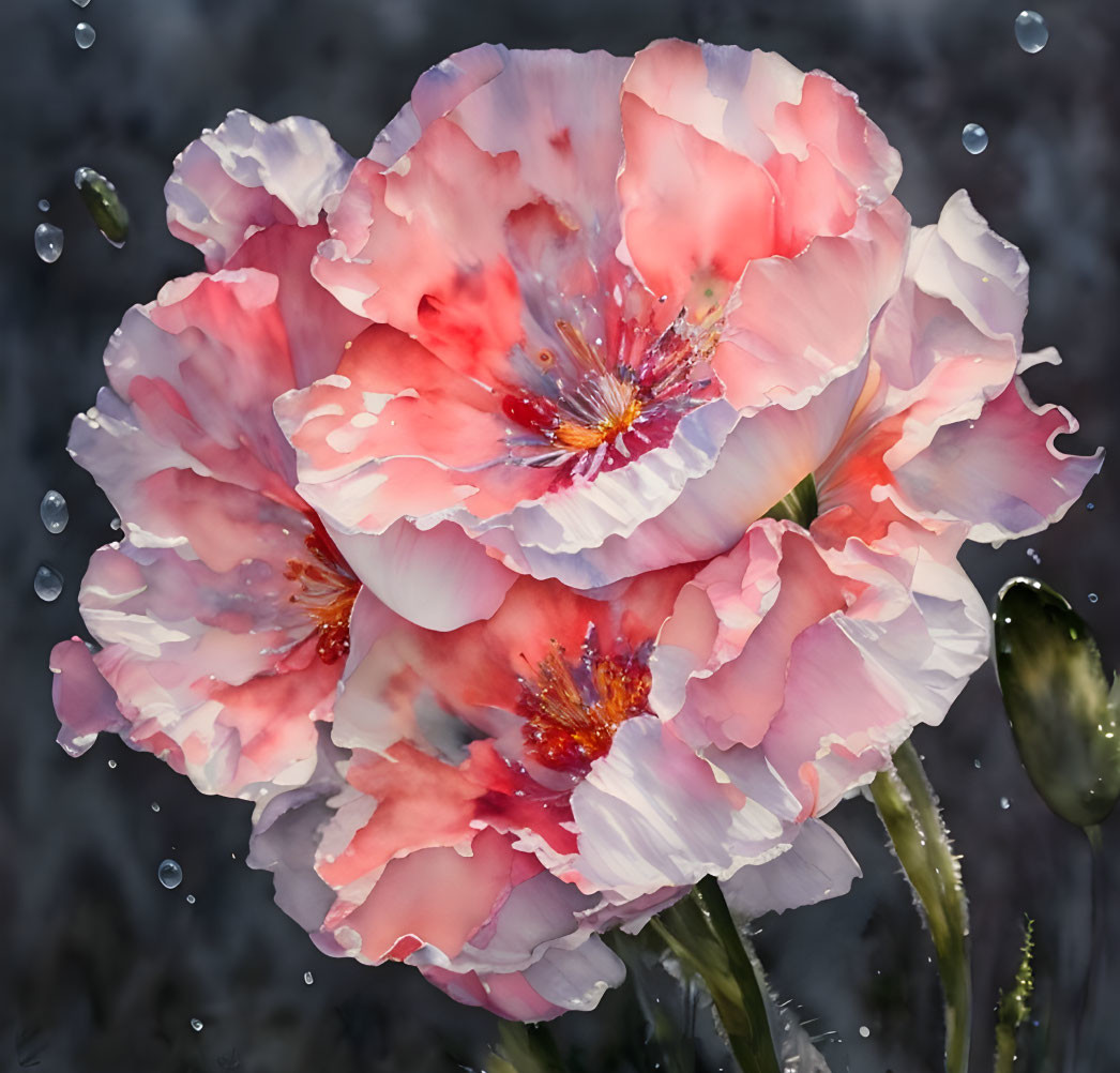 Dew-covered pink poppies with red stamens on gray background