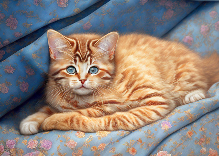 Orange Tabby Kitten with Blue Eyes on Floral Fabric