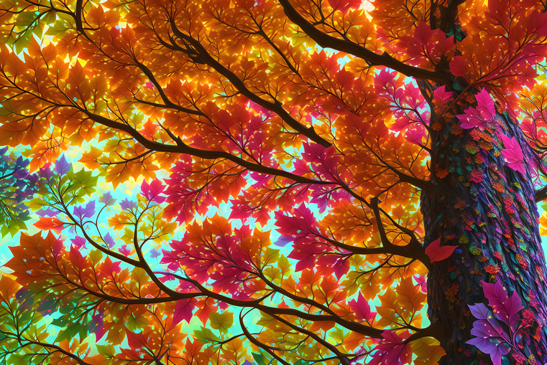 Multicolored Tree with Vibrant Leaves in Yellow, Red, Blue, and Purple