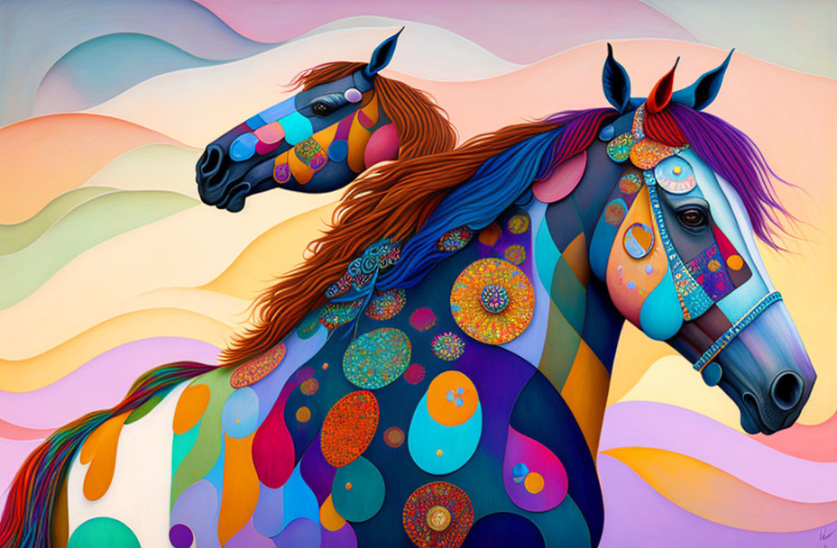 Abstract Multicolored Landscape with Stylized Horses