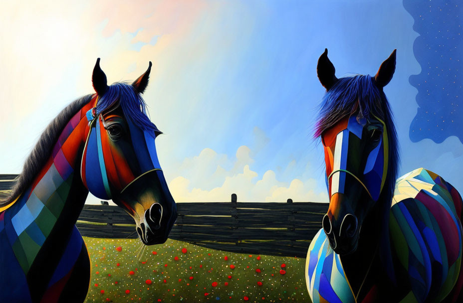 Colorful geometric patterned horses in field with fence and gradient sky